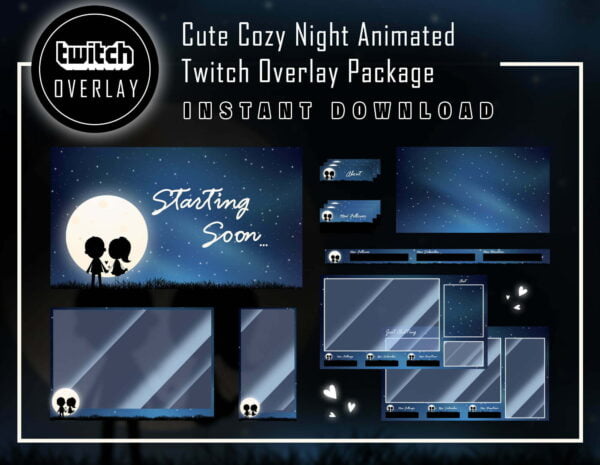 Cozy Twitch Overlay Package or Cute Night Streaming Overlay Package