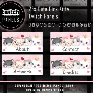 Cute Pink Twitch Panels - 25x Cute Kitty Panels for Streamers