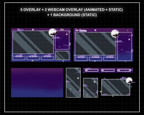 Halloween Twitch Overlay Package - Cute Bat Streaming Overlay -Fulloverlay, Justchat, chatbox, label bar, webcam overlay