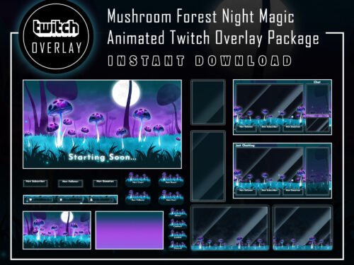 Animated Twitch Overlay Package - Mushroom Forest Night Magic