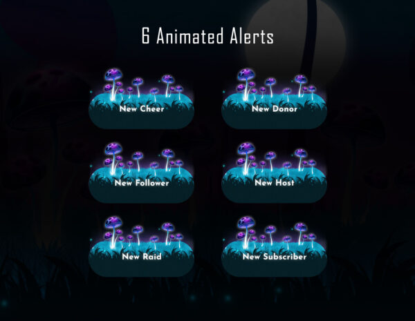 Animated Twitch Overlay Package - Mushroom Forest Night Magic Alerts
