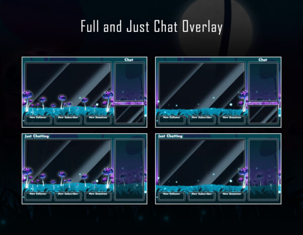 Animated Twitch Overlay Package - Mushroom Forest Night Magic Full and Justchat Overlays
