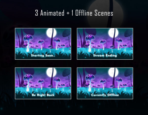 Animated Twitch Overlay Package - Mushroom Forest Night Magic Scenes