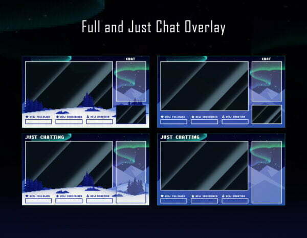 Northern Light Twitch Overlay Pack - 8bit Pixel Night Landscape Full Overlay, and Just Chat Overlay