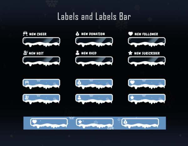 Snow Twitch Overlay Package - Winter Streaming Overlay Pack Labels