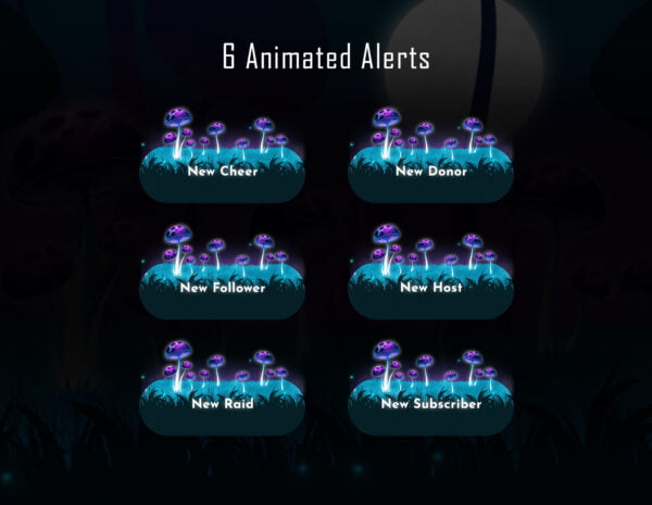Twitch Overlay Package - Animated Magic Mushroom Forest Night Alerts