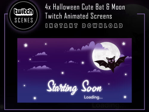 Halloween Twitch Scenes with Cute Bat & Moon Animation Screens