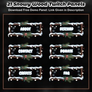 Christmas Twitch Panels featuring a snowy wood design with glowing Christmas lights, perfect for festive streams.