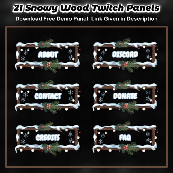 Christmas Twitch Panels featuring a snowy wood design with glowing Christmas lights, perfect for festive streams.