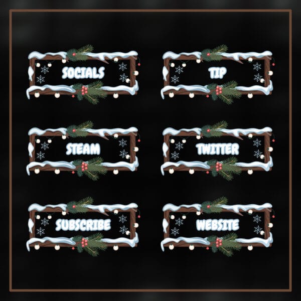 Festive Christmas-themed Twitch Panels with snowy wood textures and glowing holiday lights.