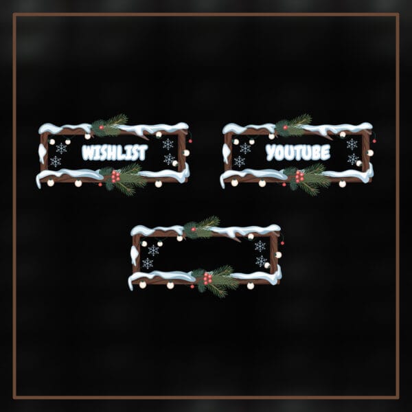 Twitch overlay panels with a snowy wood design and warm Christmas lights for a cozy holiday vibe.
