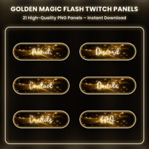Golden magic flash Twitch panels with glowing sparkles