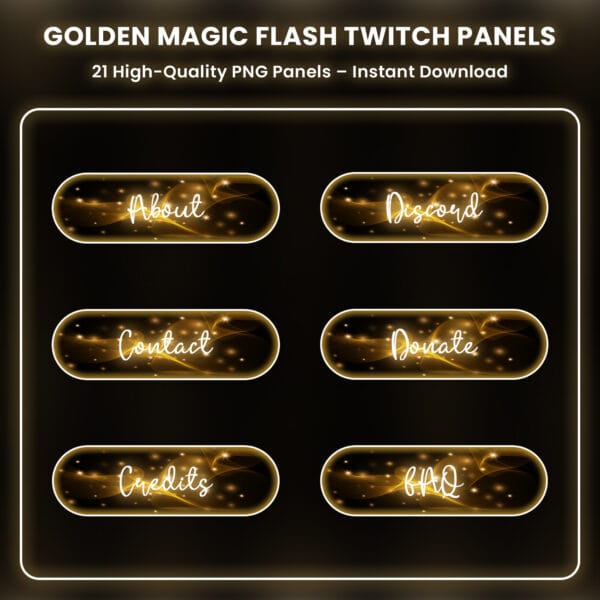 Golden magic flash Twitch panels with glowing sparkles
