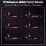 Twitch panels with a cute vampire witch, pumpkins, and glowing candles