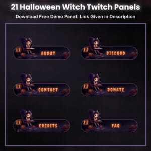 Twitch panels with a cute vampire witch, pumpkins, and glowing candles