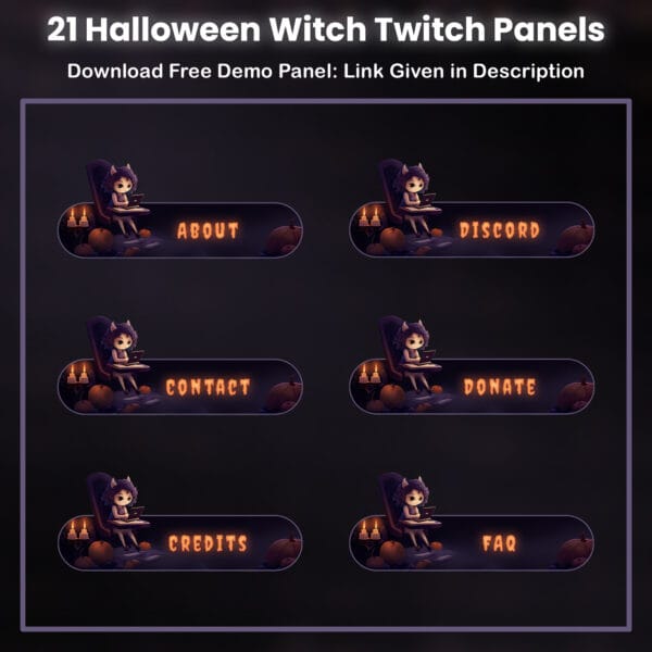 Twitch panels with a cute vampire witch, pumpkins, and glowing candles