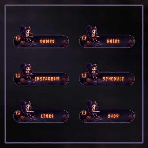 Halloween-themed Twitch panels featuring cozy witch and autumn vibes