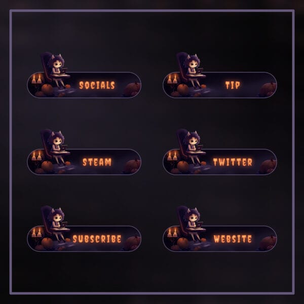 21 spooky Twitch panels with orange glowing text and seated witch character