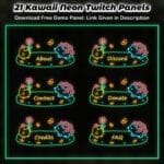 Kawaii neon Twitch panels with glowing pastel flowers and cute characters
