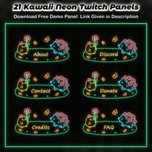 Kawaii neon Twitch panels with glowing pastel flowers and cute characters