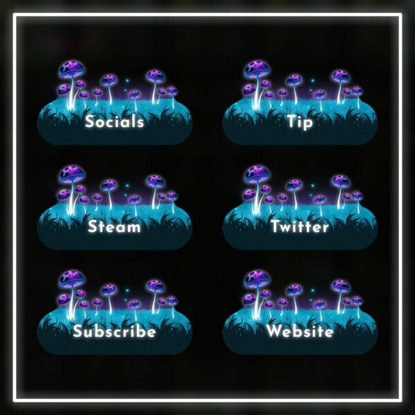 Fantasy Twitch overlay set with purple mushrooms and enchanted vibes