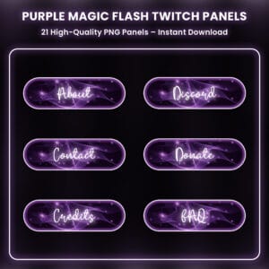 Purple magic flash Twitch panels with glowing sparkle