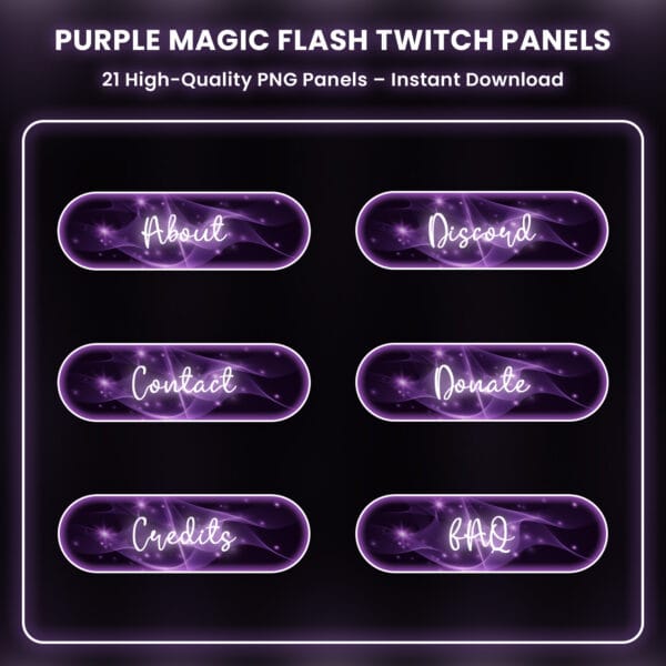 Purple magic flash Twitch panels with glowing sparkle