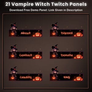 Twitch panels with a cute vampire witch, glowing pumpkins, and spooky Halloween theme