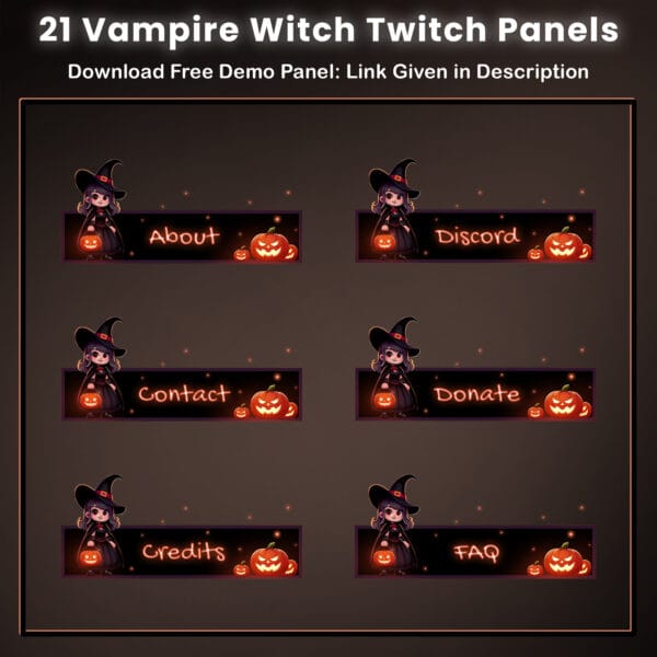 Twitch panels with a cute vampire witch, glowing pumpkins, and spooky Halloween theme