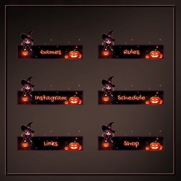 Halloween Twitch panels featuring chibi witch characters and carved pumpkins
