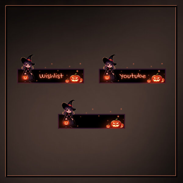 Cute witch overlay panels for Twitch with pumpkin lights and cozy Halloween charm
